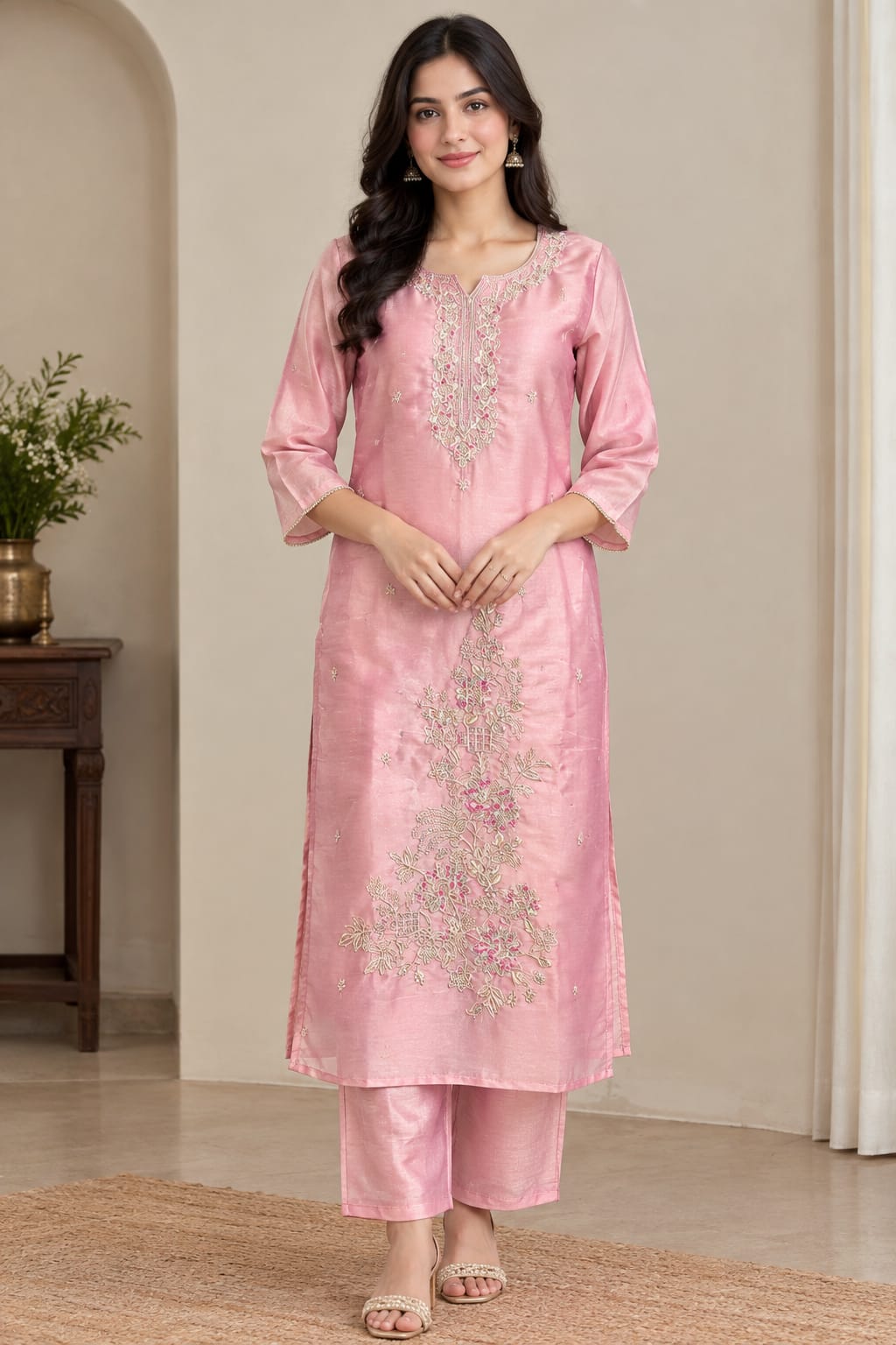 A woman modeling a light pink traditional Indian salwar kameez set with intricate silver and gold embroidery, standing in a neutral indoor setting.