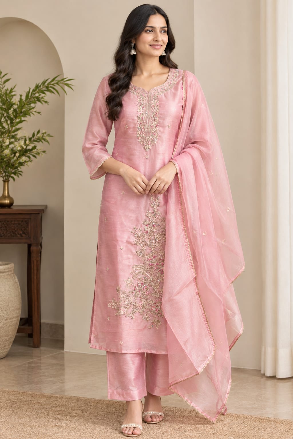 A woman models a light pink traditional Indian salwar kameez suit with matching pants and a sheer dupatta, featuring gold embroidery on the kurta and a matching pink dupatta, set against an indoor neutral background.