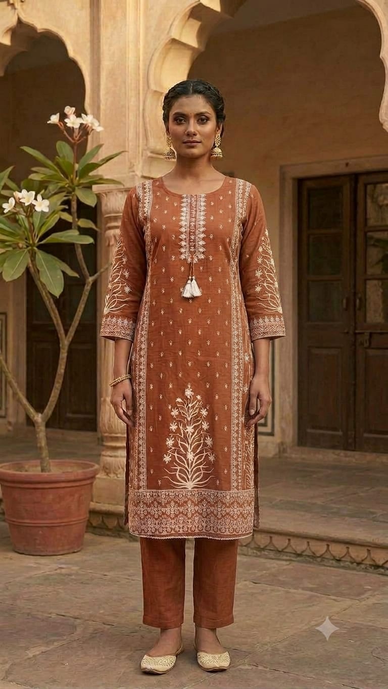 A woman models a traditional three-piece salwar kameez suit in terracotta brown with white embroidery, standing in front of a beige stone courtyard with arches and a potted plant.