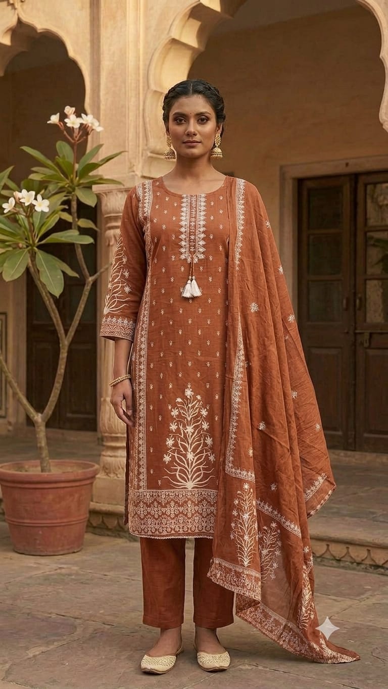 A woman models a traditional three-piece salwar kameez suit in terracotta brown with white embroidery, standing in front of a beige stone courtyard with arches and a potted plant.