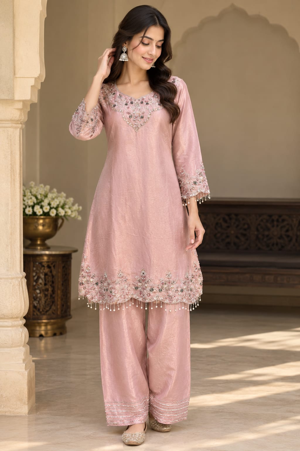 A woman modeling a light pink traditional Indian salwar kameez suit with intricate silver and gold embroidery, standing in a traditional courtyard with beige walls and arches.