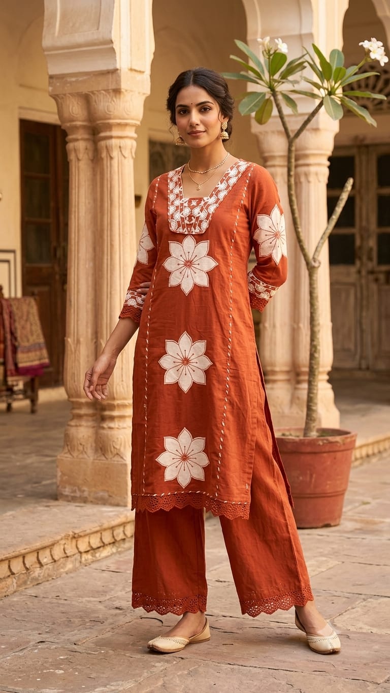 A woman models a rust-orange salwar kameez suit with white floral embroidery and a matching dupatta in an outdoor courtyard setting.