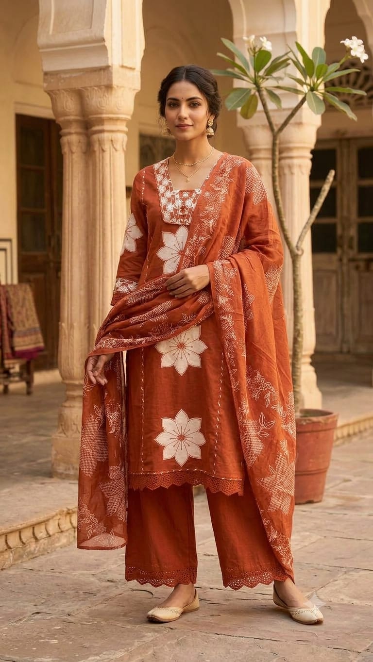 A woman models a rust-orange salwar kameez suit with white floral embroidery and a matching dupatta in an outdoor courtyard setting.