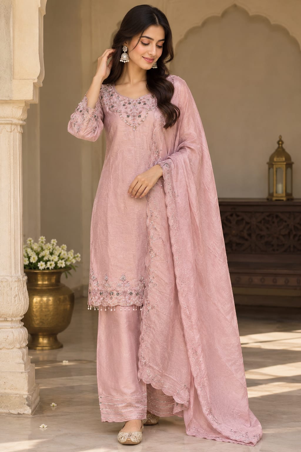 A woman models a light pink traditional Indian salwar kameez suit with matching dupatta in an elegant courtyard setting. The suit features intricate floral embroidery on the neckline, hem, and dupatta border.