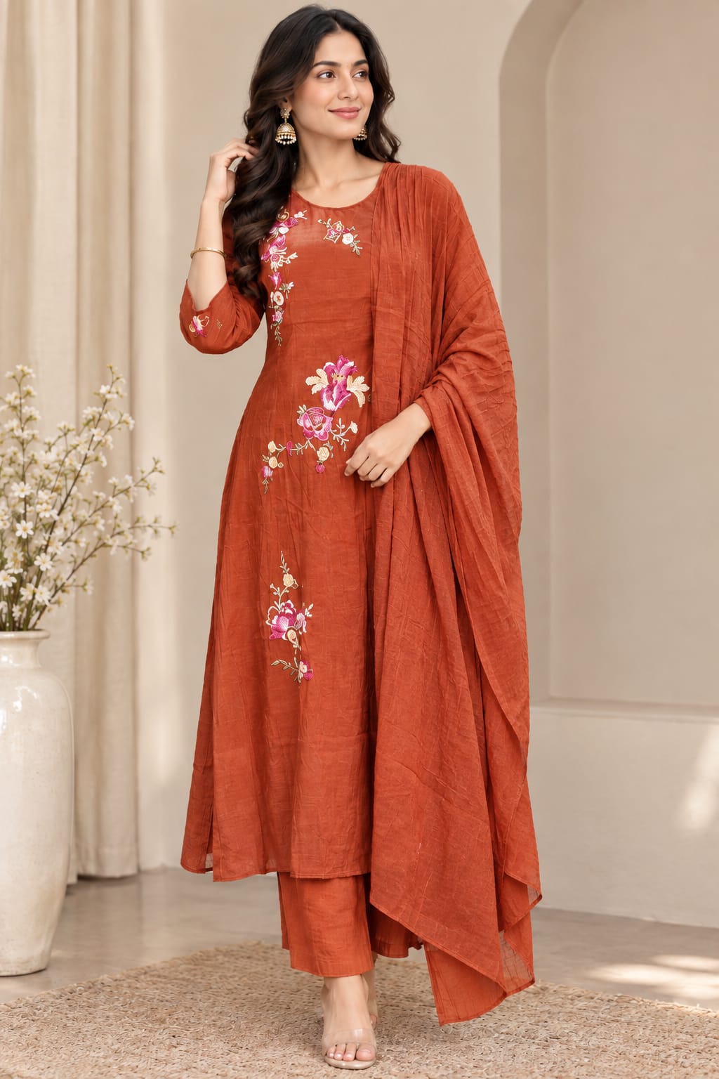 A woman models a rust-orange three-piece salwar kameez suit set with floral embroidery, featuring a long kurta, matching trousers, and a draped dupatta, set against a neutral indoor background.