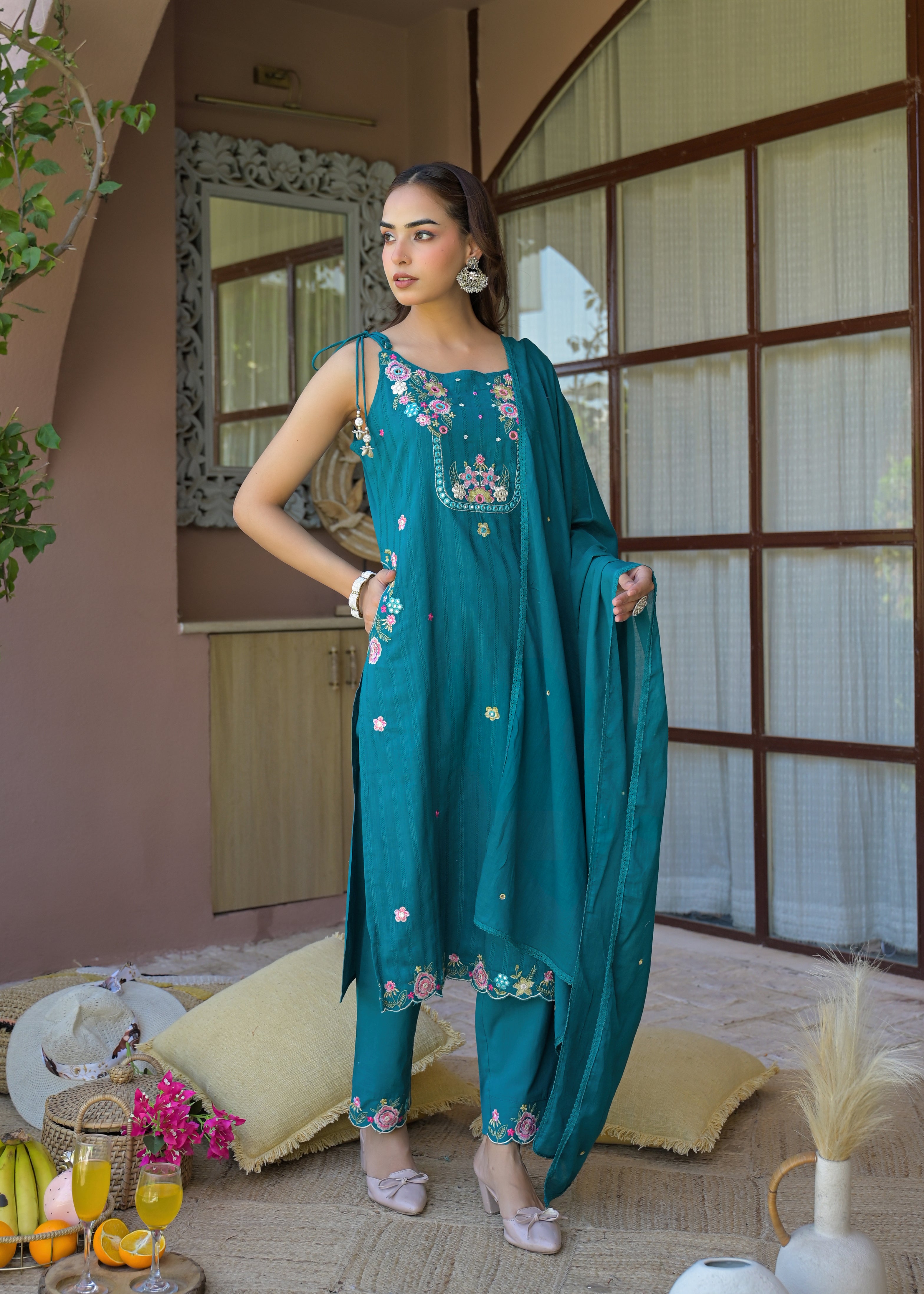 ✨ Premium 3 Piece Embroidered Sleeveless/Spaghetti Suit Set ✨