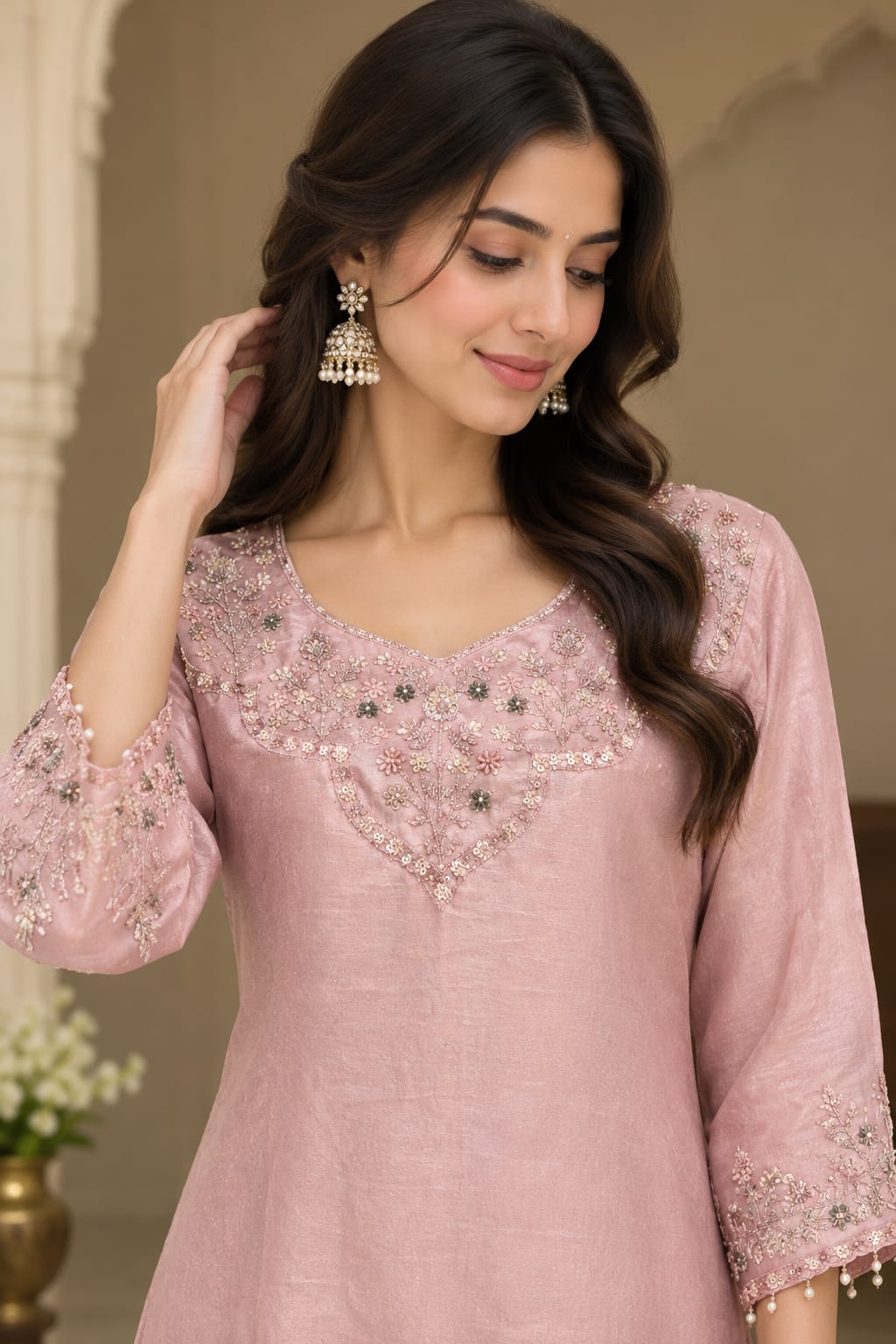A woman wearing a light pink traditional embroidered kurta with detailed beadwork and embellishments on the neckline and sleeves, paired with ornate gold-toned earrings.