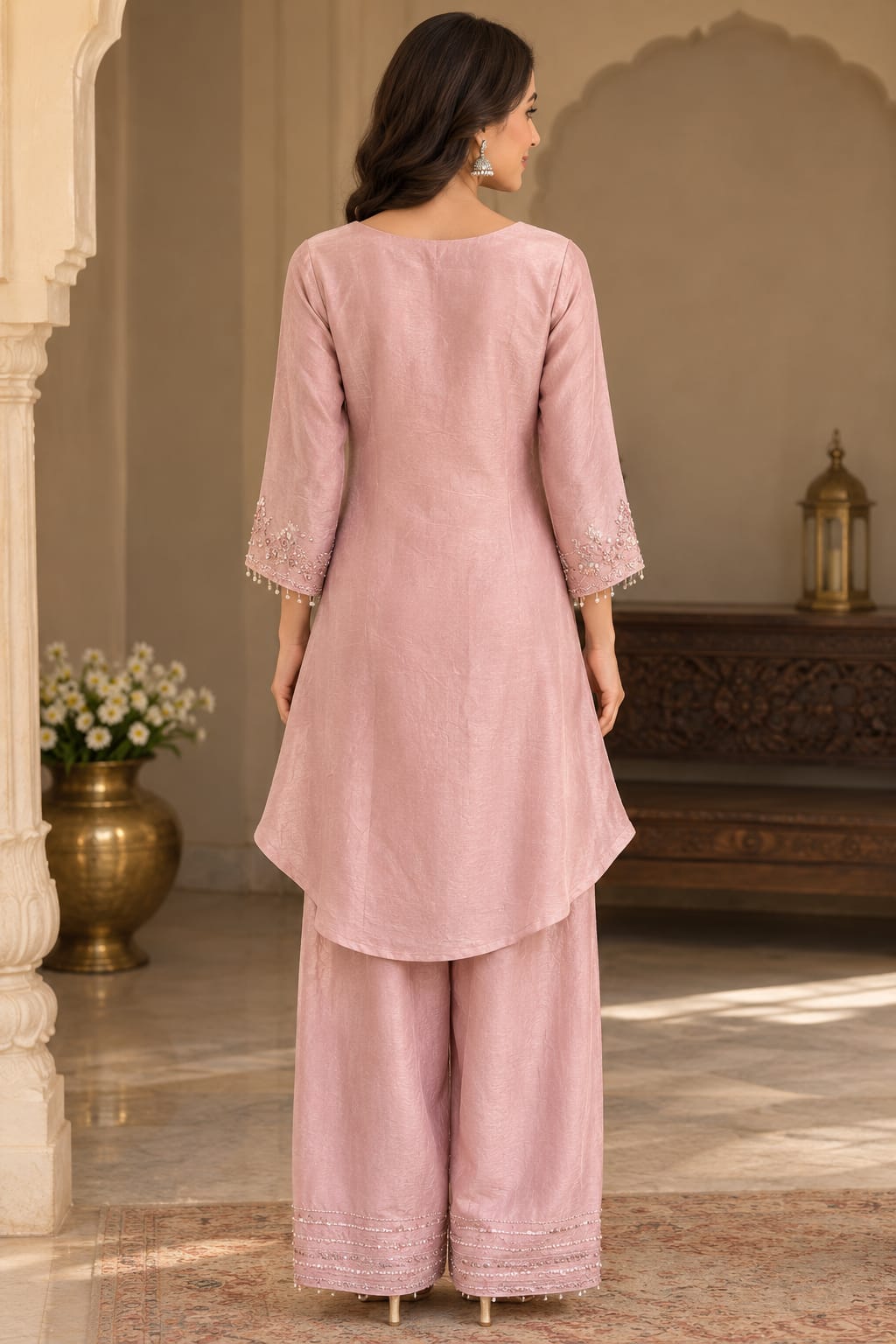 A woman stands with her back to the camera wearing a dusty pink three-piece traditional outfit with a long kurta, wide-leg pants, and embroidered cuffs and hem, set against an elegant indoor background with arches and a wooden console table.