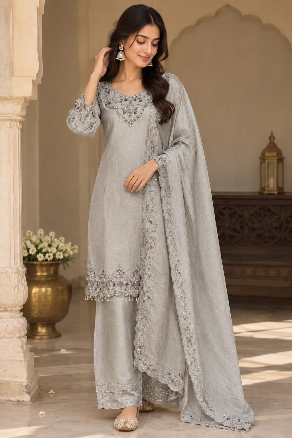 A woman models a light gray three-piece traditional outfit with matching dupatta, featuring intricate silver embroidery on the kurta and palazzo pants, set against a warm, architectural background.