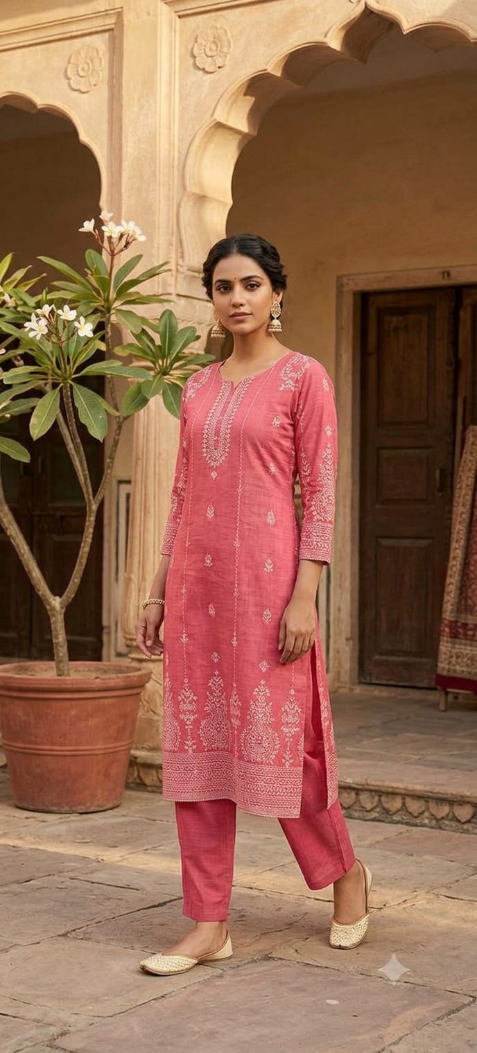 A woman modeling a pink ethnic kurta set with matching trousers, standing in front of a traditional stone courtyard with arches and potted plants.