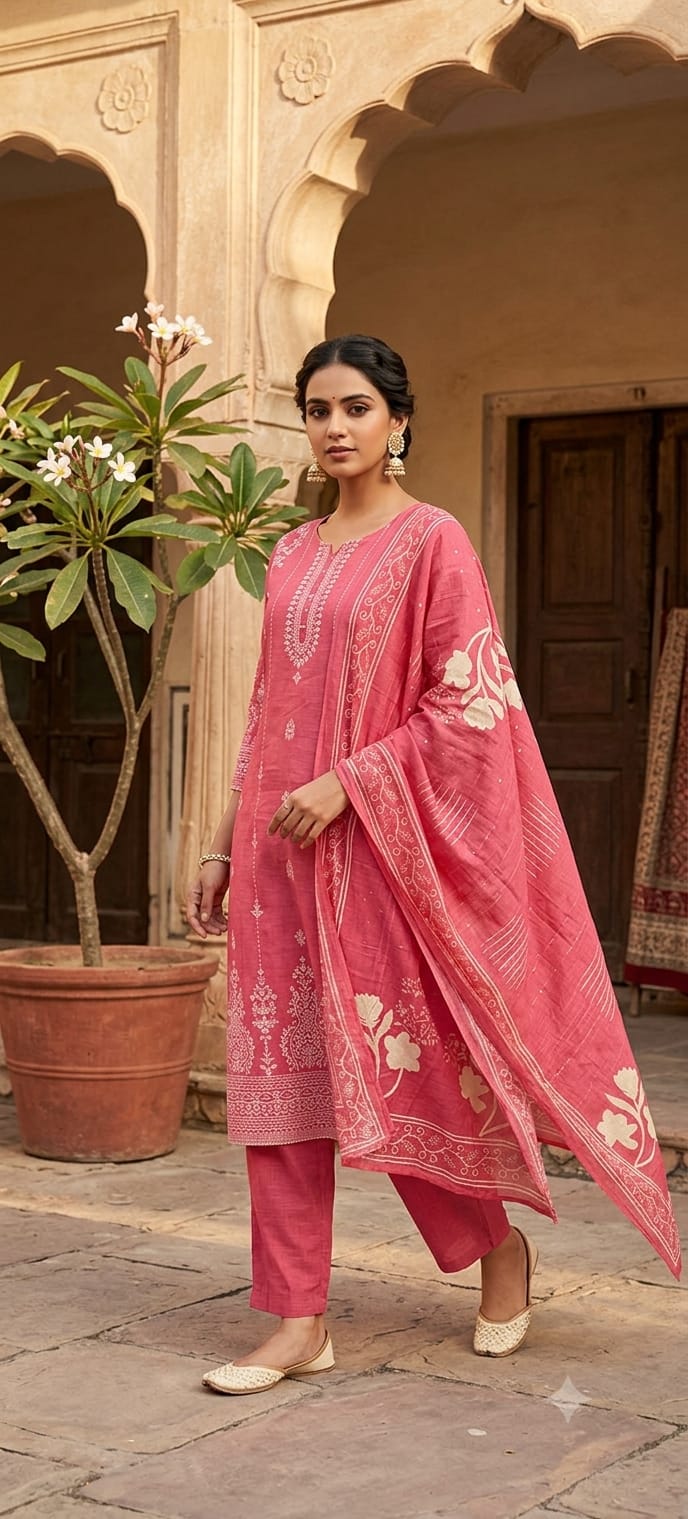 A woman modeling a pink ethnic kurta set with matching trousers, standing in front of a traditional stone courtyard with arches and potted plants.